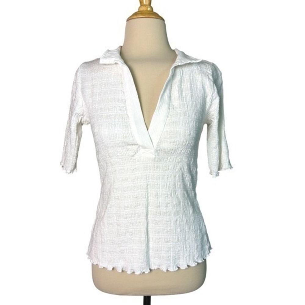 FREE PEOPLE Small White Cotton Linen Blend Textured Vneck Basic Top OB1734759
